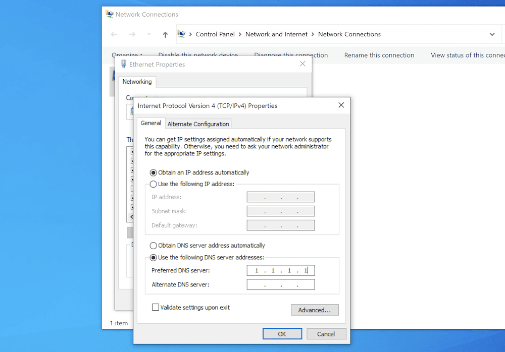 Adding a new DNS server to Windows.