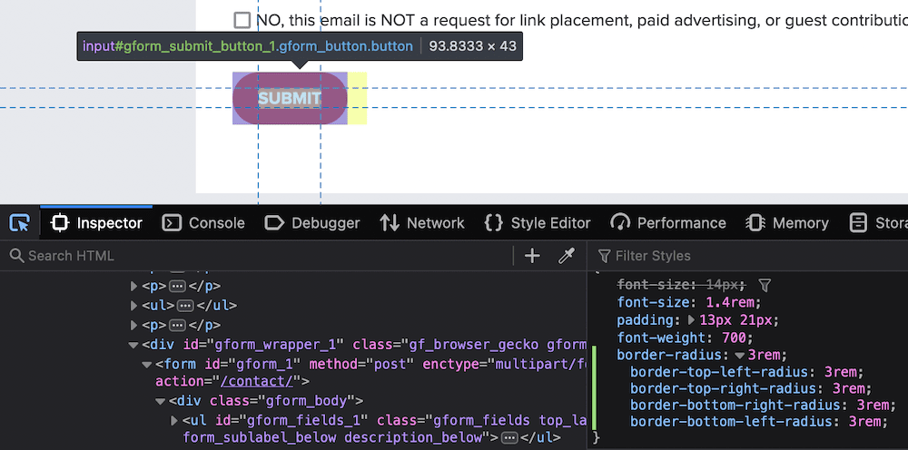 A highlighted button on a webpage, with the CSS on display in the Inspect panel, showing the border radius.