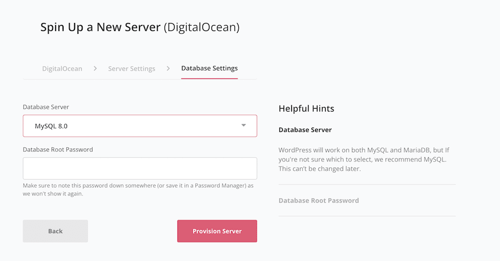 Choosing the options to set up a new database within SpinupWP.