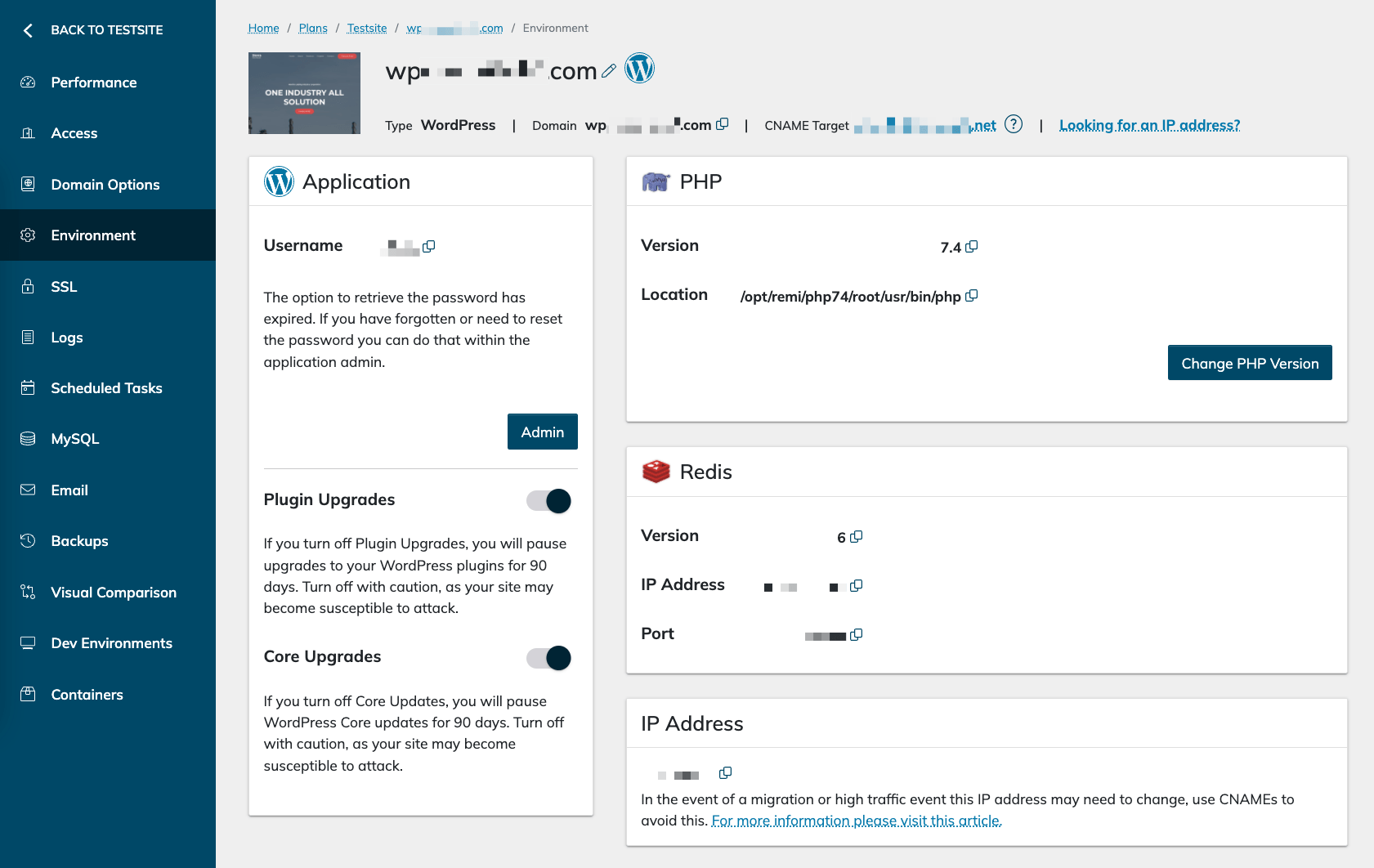 WordPress environment in Nexcess dash