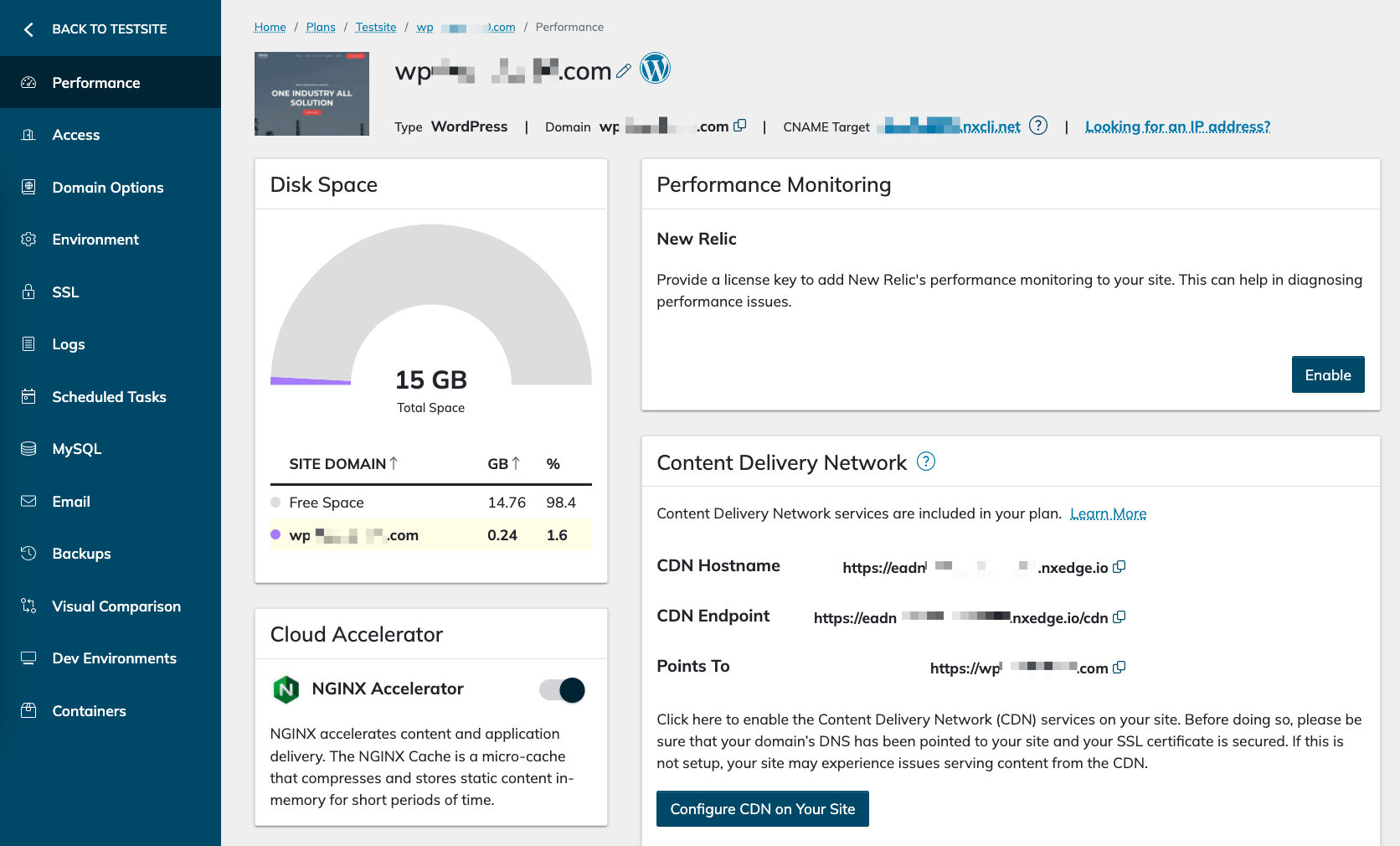 Nexcess single site dashboard