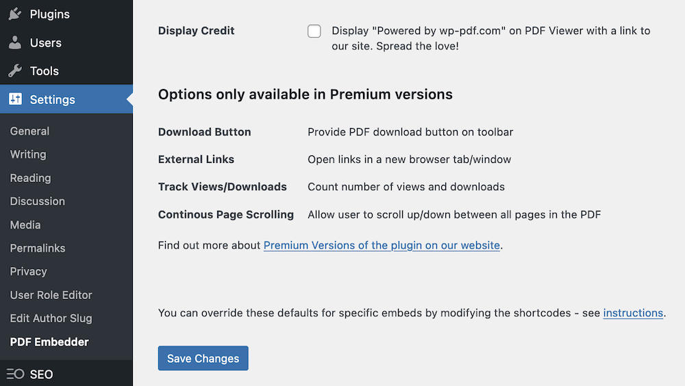 The PDF Embedder settings screen.