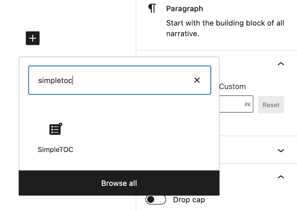 Finding the SimpleTOC Block within WordPress.