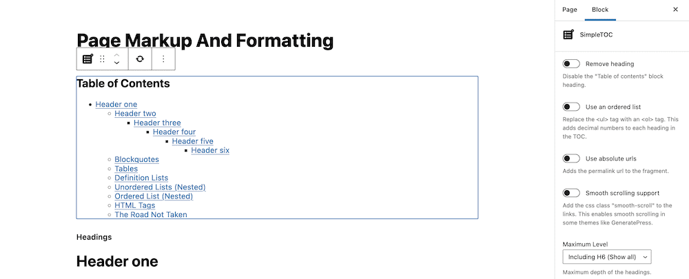 The SimpleTOC plugin's generation of a table of contents.