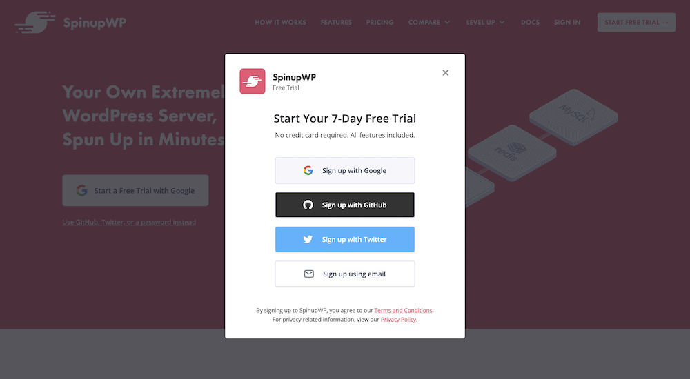 The signup dialog for SpinupWP.