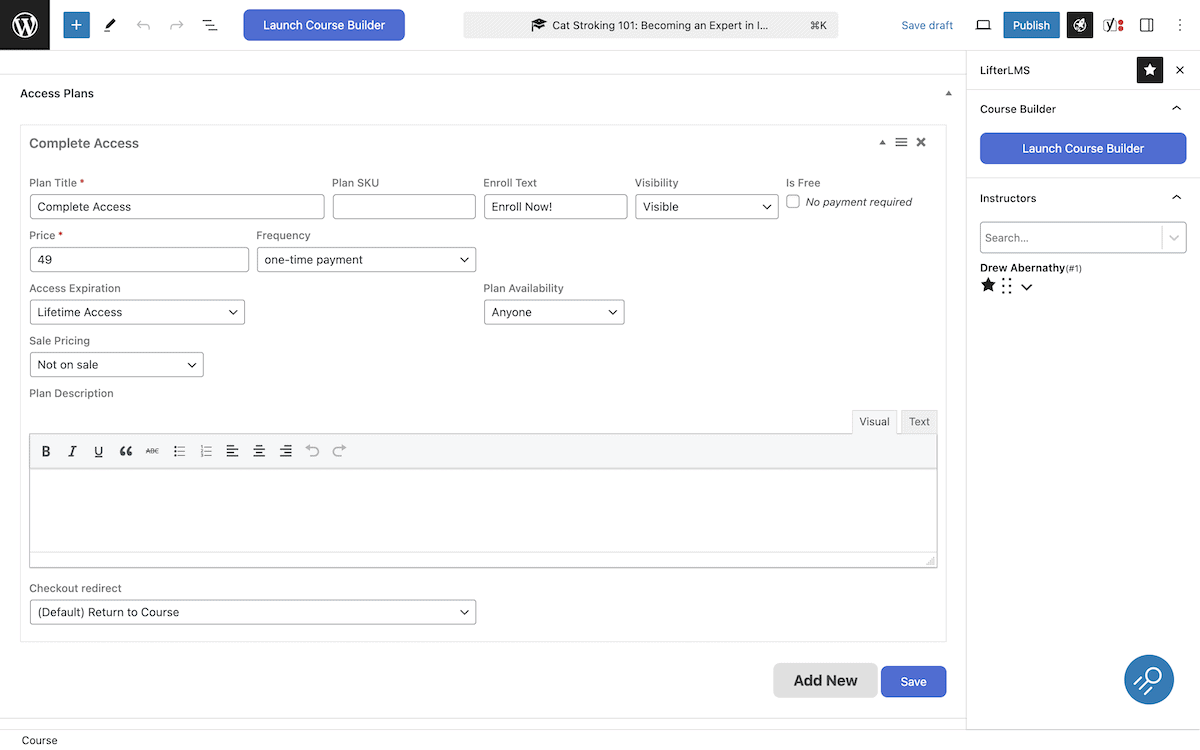 Adding new payment access terms to a LifterLMS course.