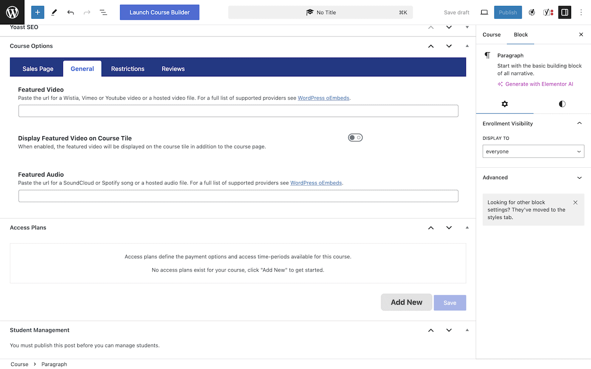 The LifterLMS Course Options metabox.