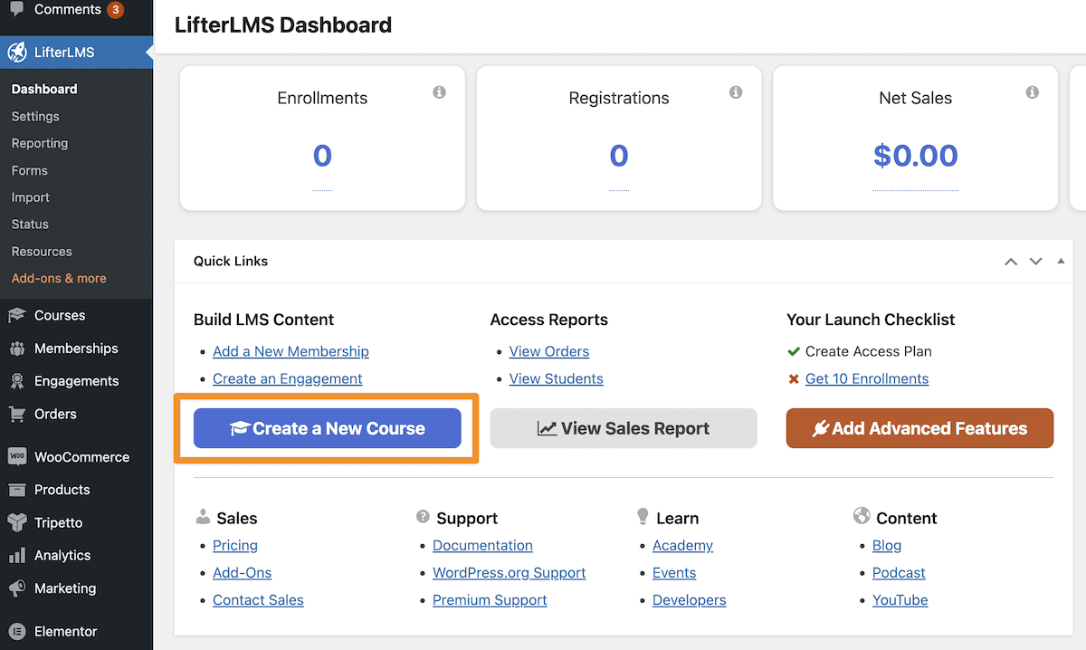 The WordPress dashboard highlighting LifterLMS' Create a New Course button.