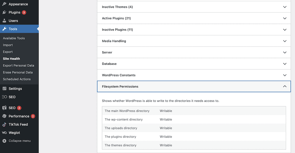 The Site Health screen within WordPress.