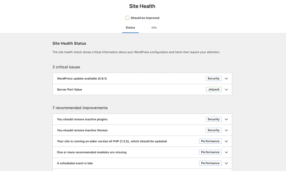 WordPress' Site Health screen.