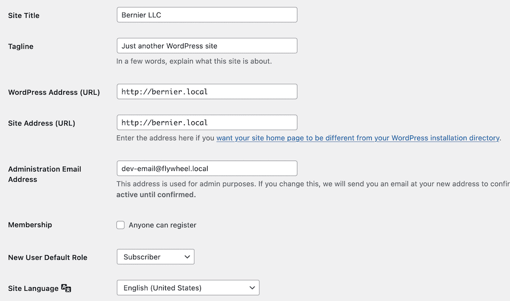 The WordPress Settings screen.