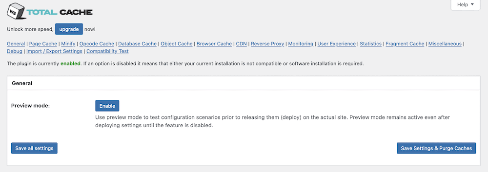 The W3 Total Cache General Settings page.