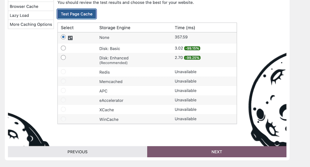 The page cache test results screen, showing options to choose from for a page cache.