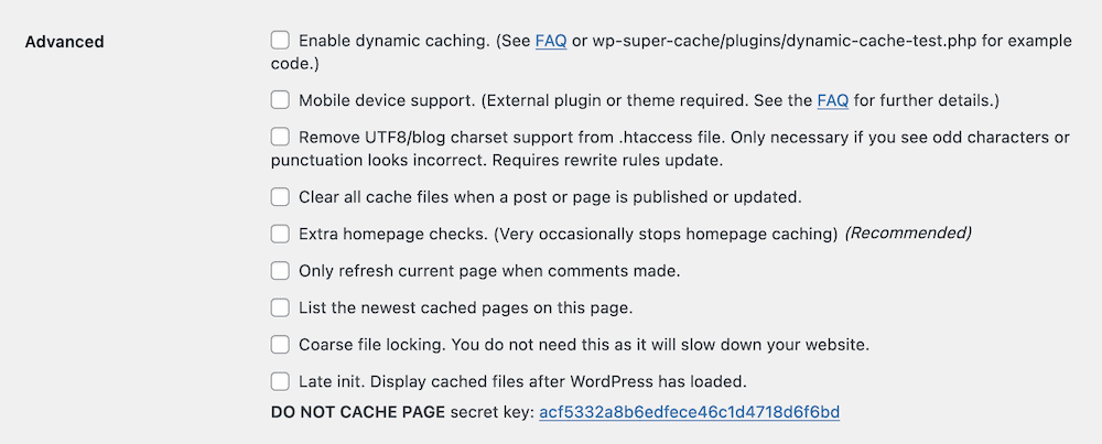 The Advanced tab in WP Super Cache.