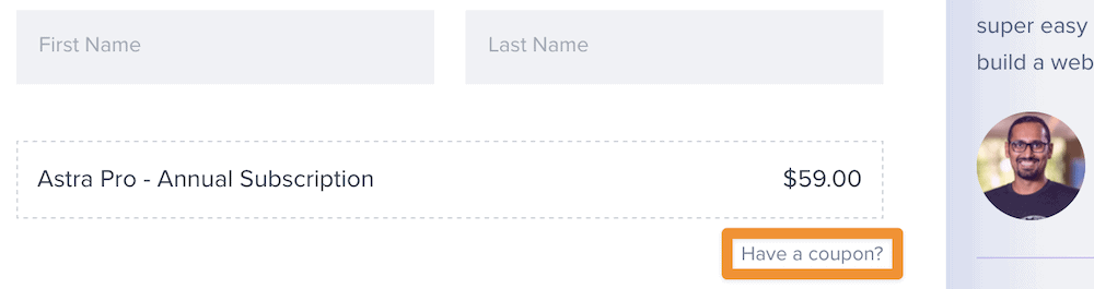 A close-up of a portion of the Astra secure checkout screen, showing the Have a coupon? link.