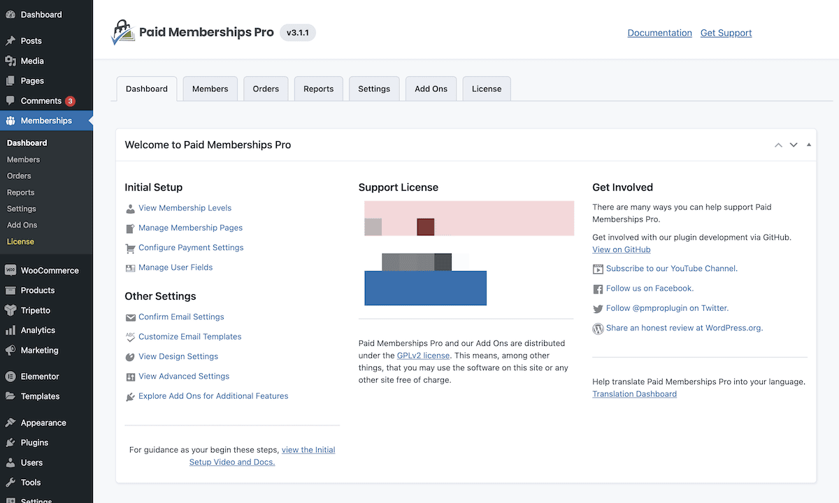 The Paid Memberships Pro dashboard.