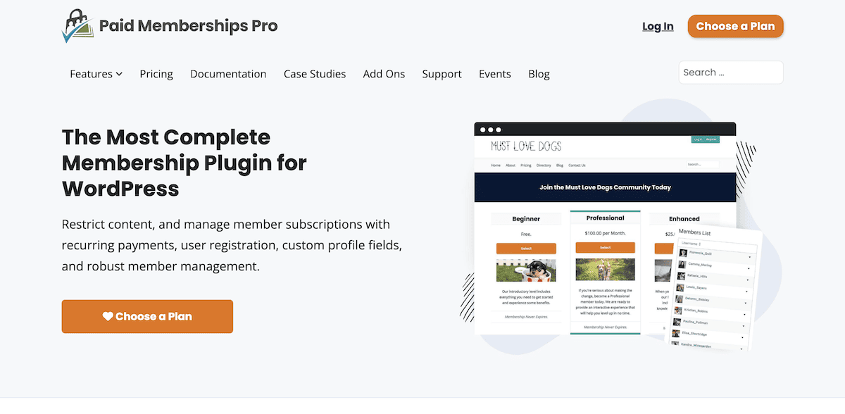 The Paid Memberships Pro home page.