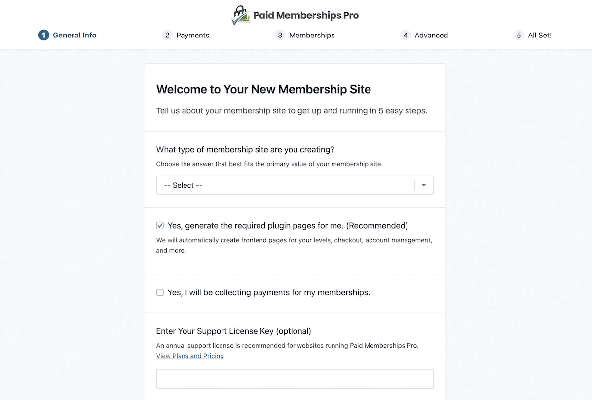 The Paid Memberships Pro onboarding wizard.