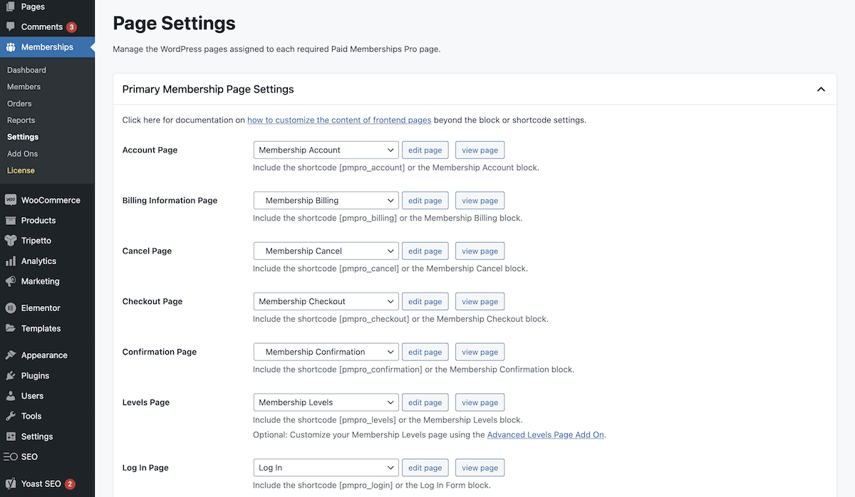 The Paid Memberships Pro page settings screen.