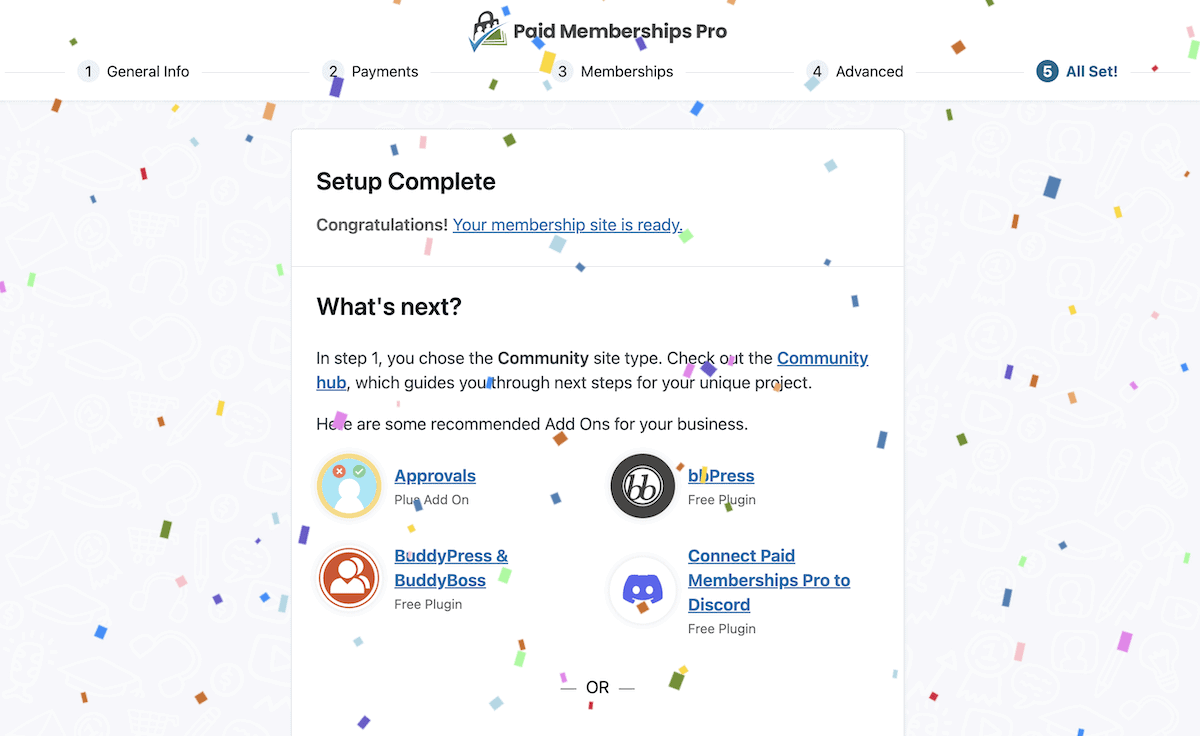 The end screen of the Paid Memberships Pro setup wizard.