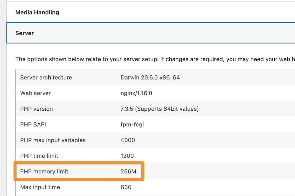 The PHP memory limit value within the WordPress Site Health screen.