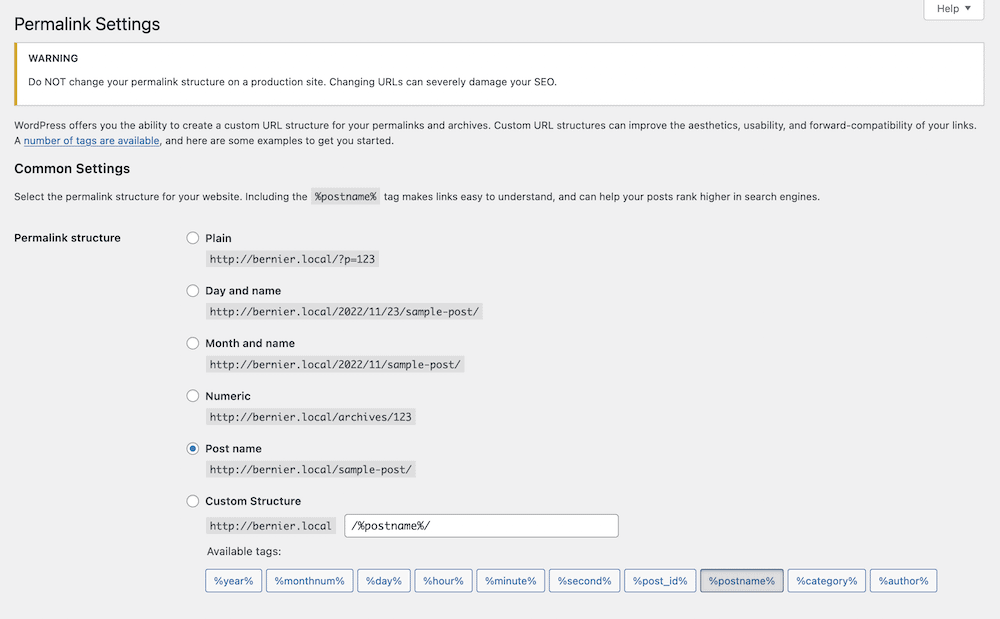 The WordPress Permalinks screen within wp-admin.