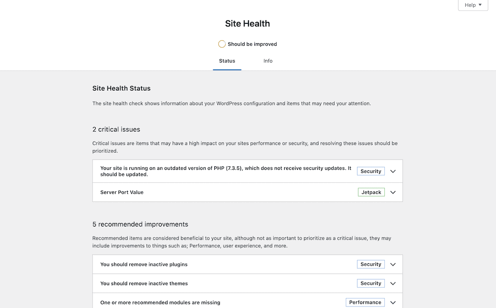 WordPress' Site Health screen.