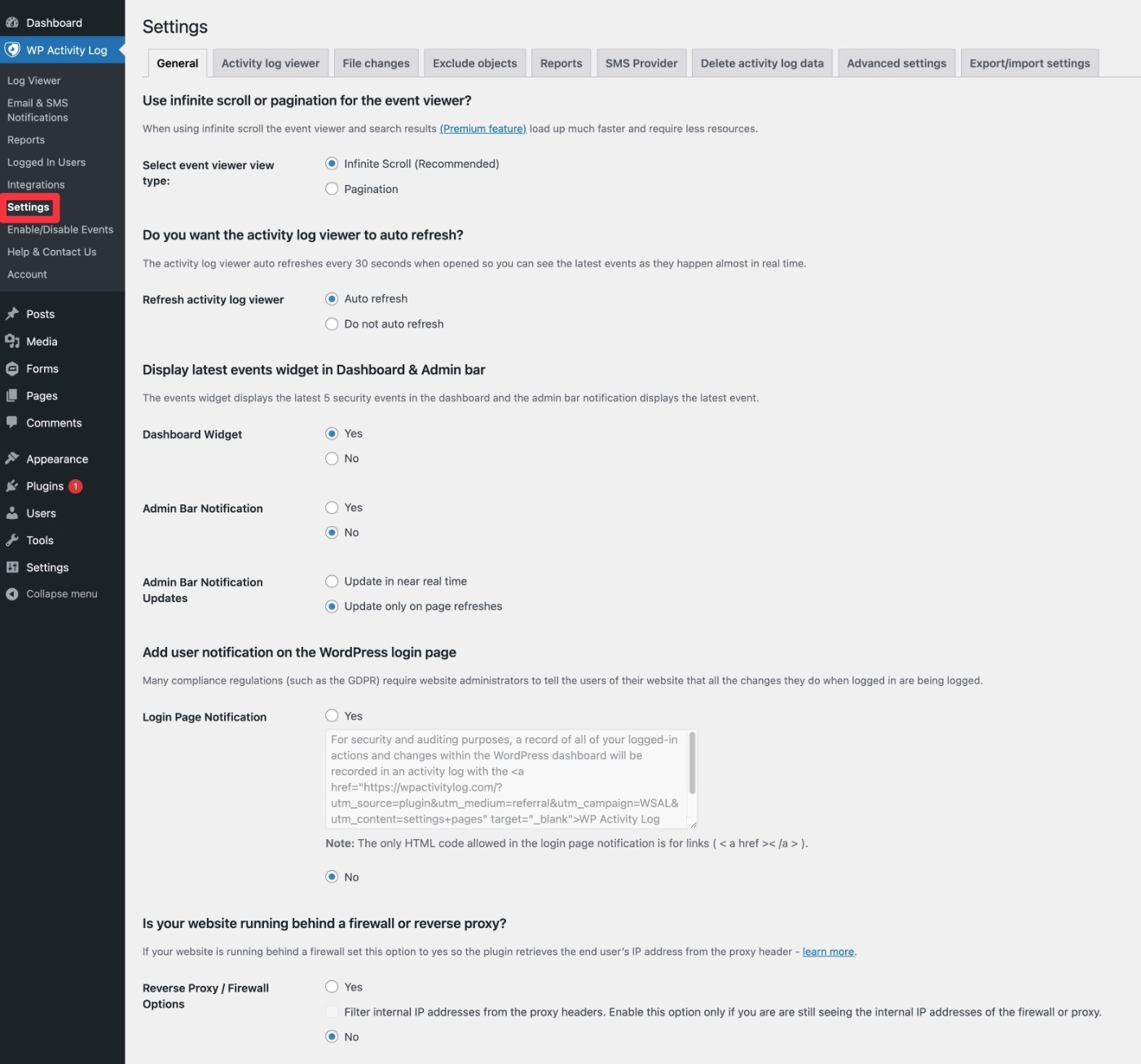 WP Activity Log settings area