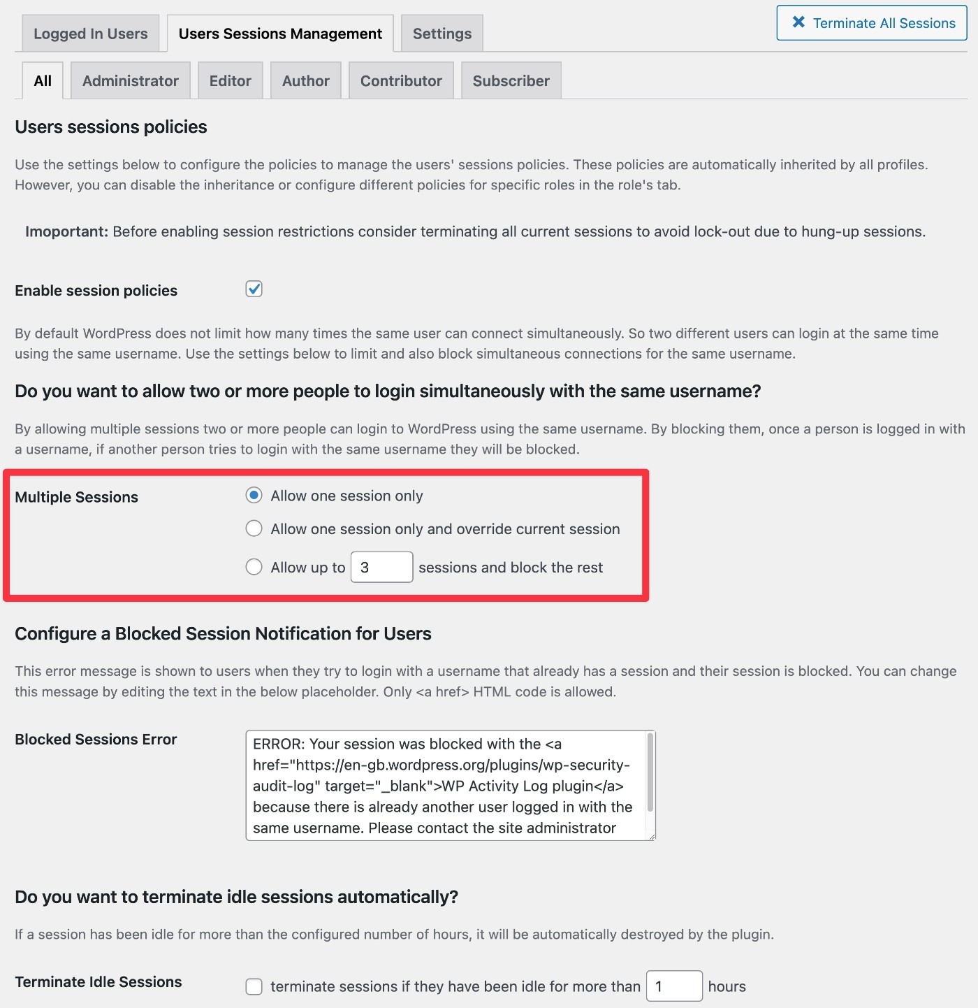 Block multiple login sessions in WordPress