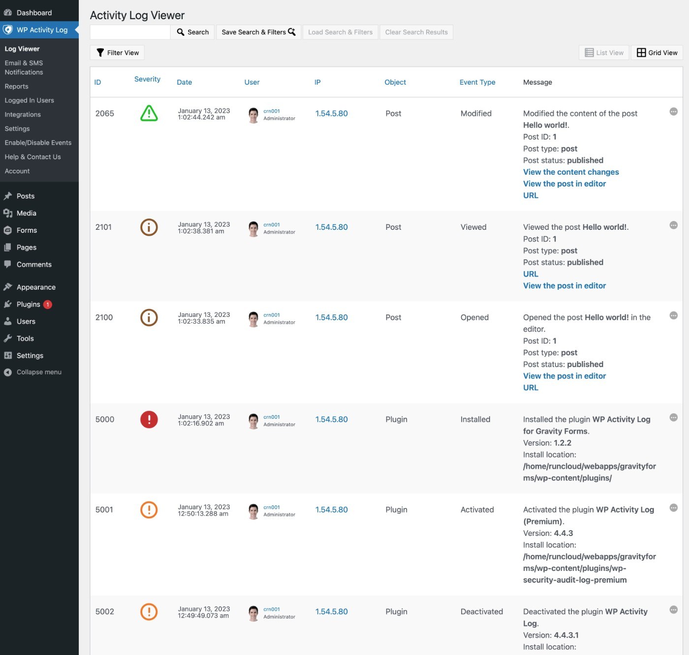 WordPress activity log