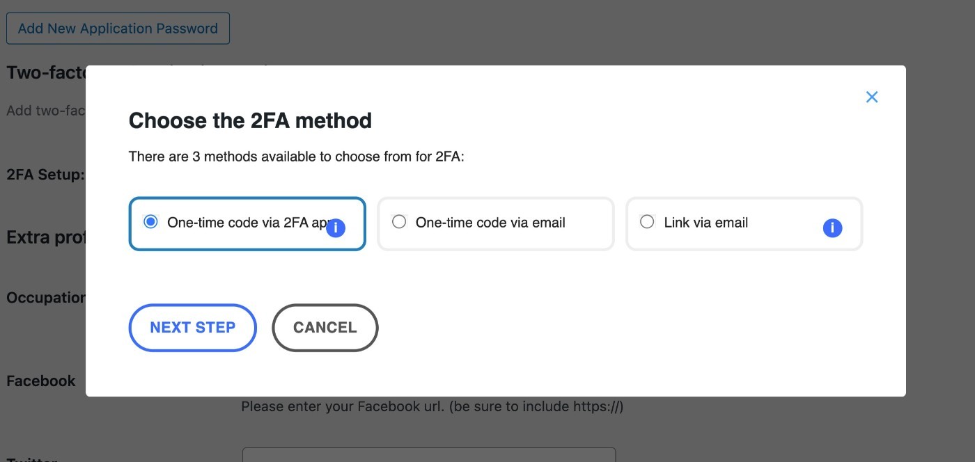 Choose 2FA method