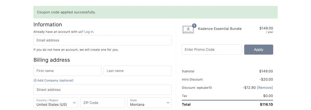 The KadenceWP checkout screen showing an applied discount code.