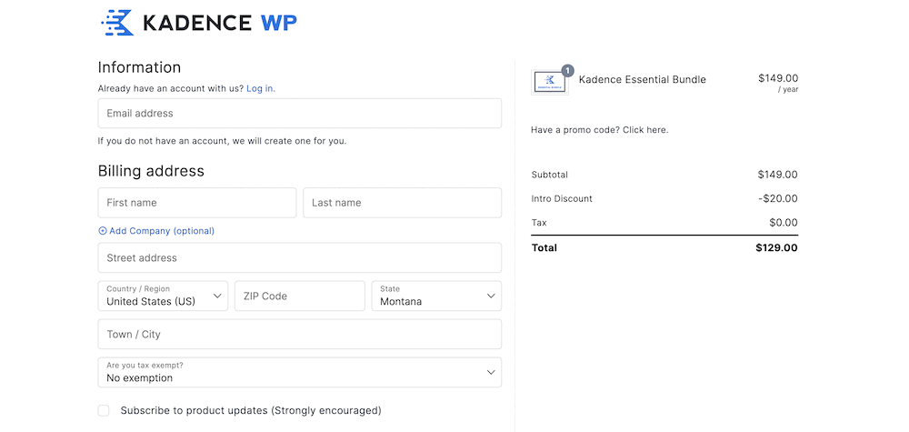 The KadenceWP checkout screen.