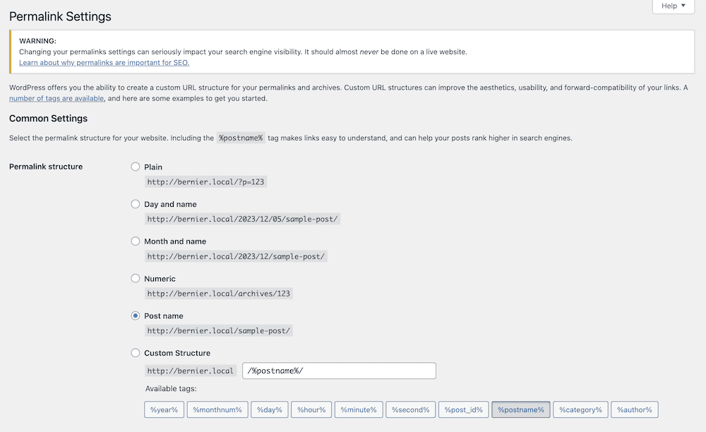 The WordPress Permalink Settings.