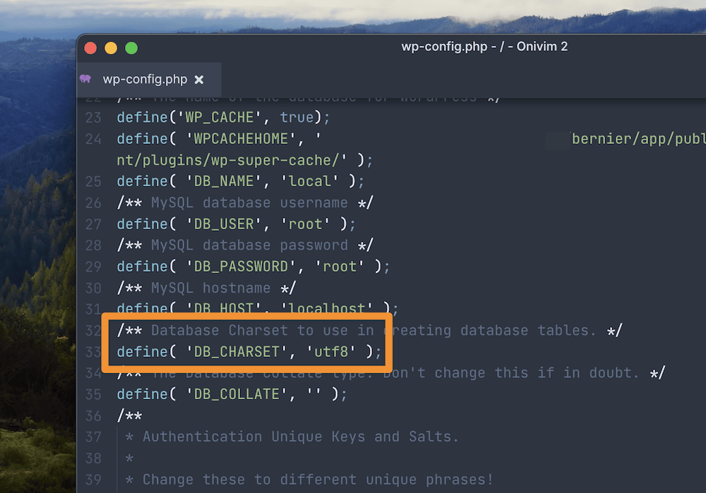 The wp-config.php with the Character Encoding settings highlighted.