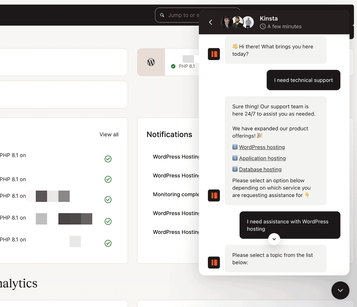 The Kinsta support chat window showing technical support in progress.