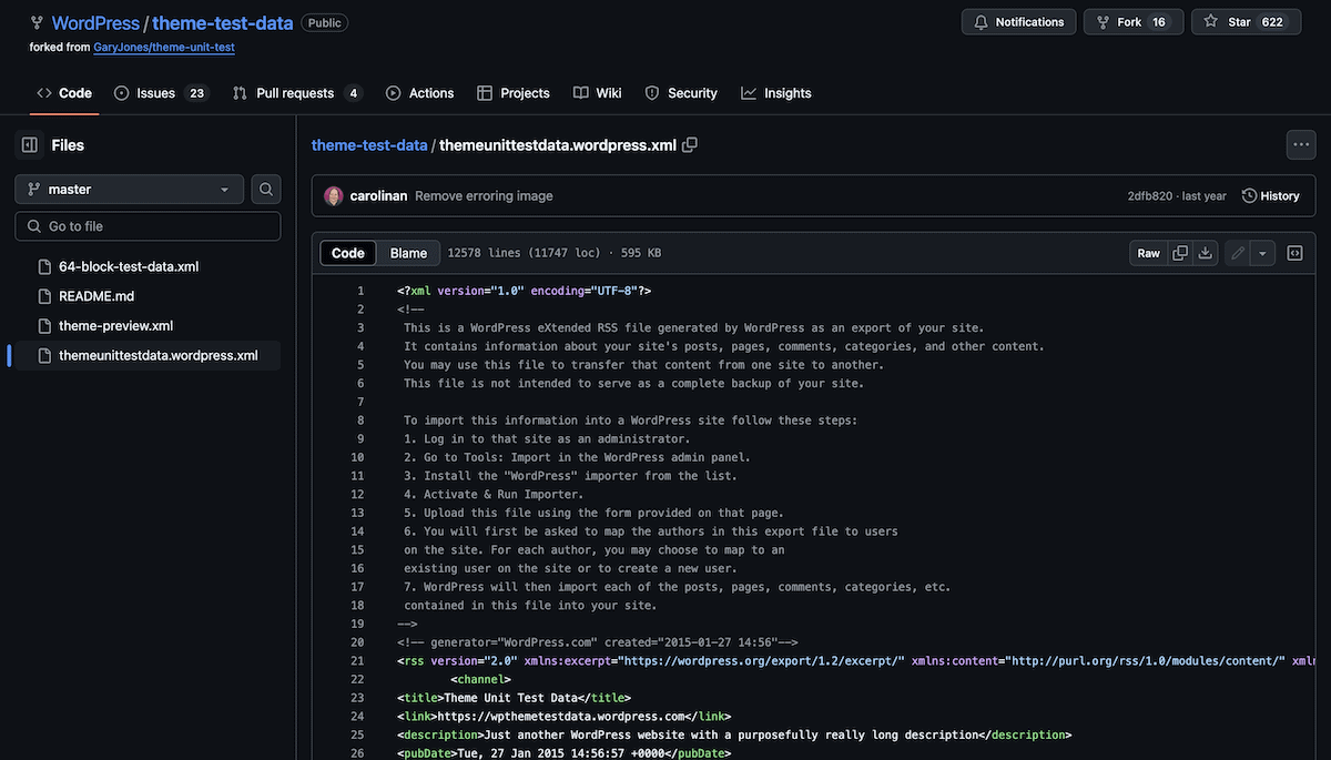 The WordPress GitHub repository showing the Theme Unit Test Data XML file.