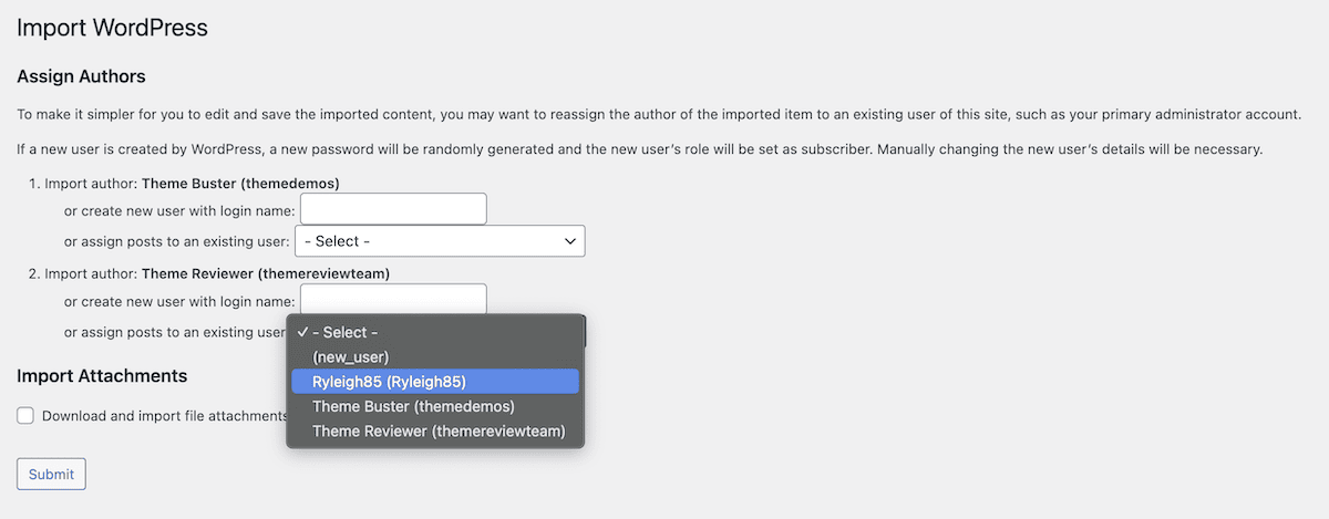 The Import WordPress dialog showing the user selecting from a list of authors.