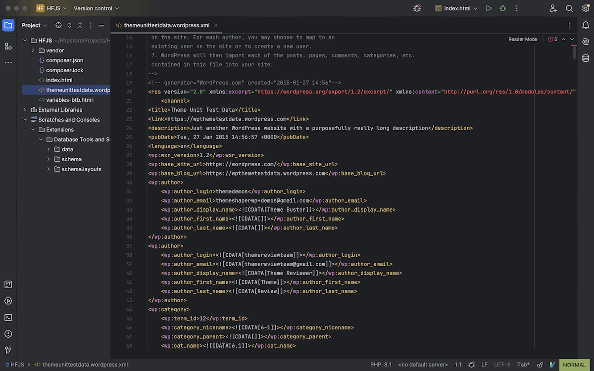 The PhpStorm interface showing an XML file on screen.