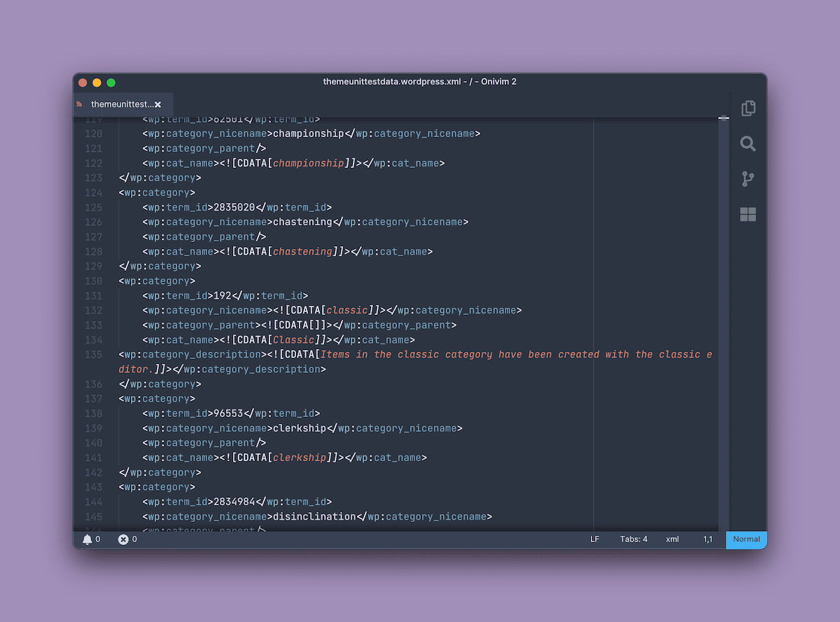 The Onivim2 editor showing the contents of a WordPress XML file.