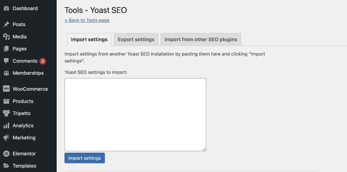 The Yoast SEO plugin import settings screen.